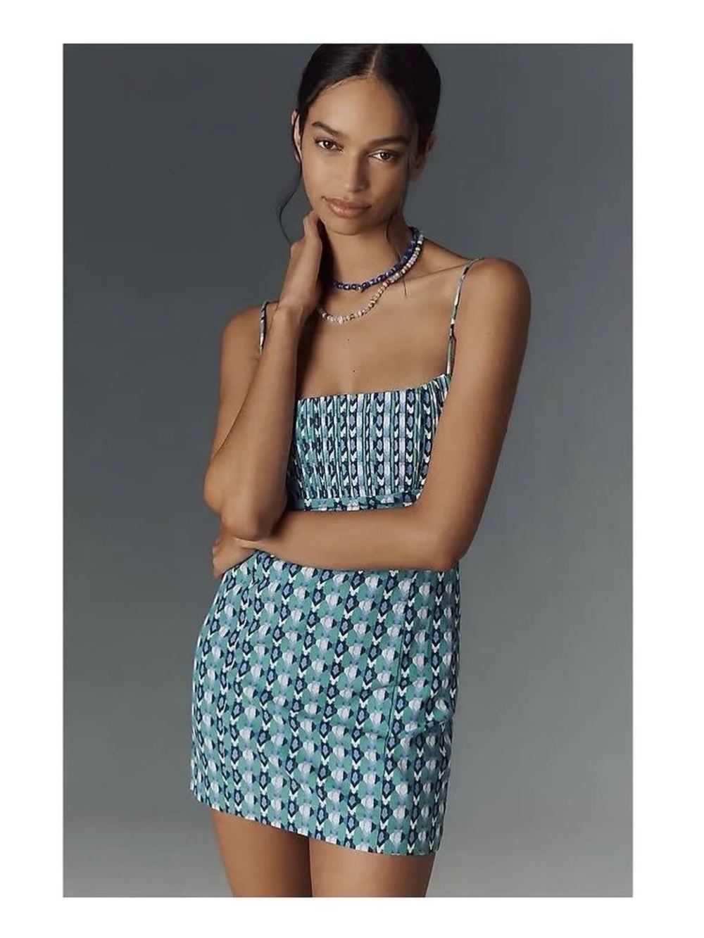 Anthropologie Blue Teal Patterned Strappy Mini Dress